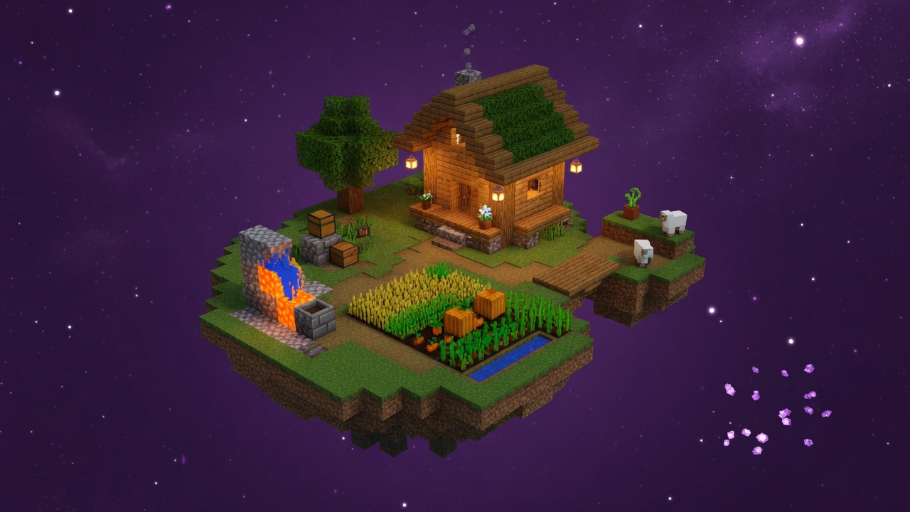 A peaceful skyblock island floating in the purple void