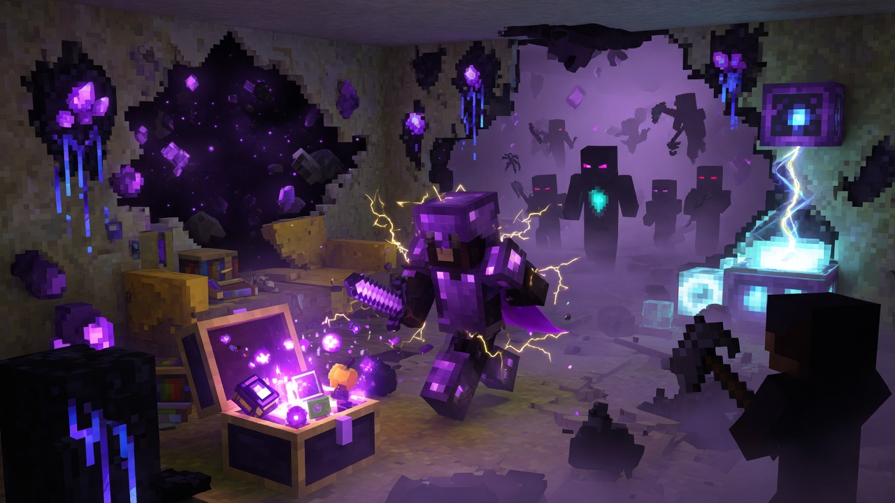 A raider under heat in a fractured room, hunters closing in, loot chest open
