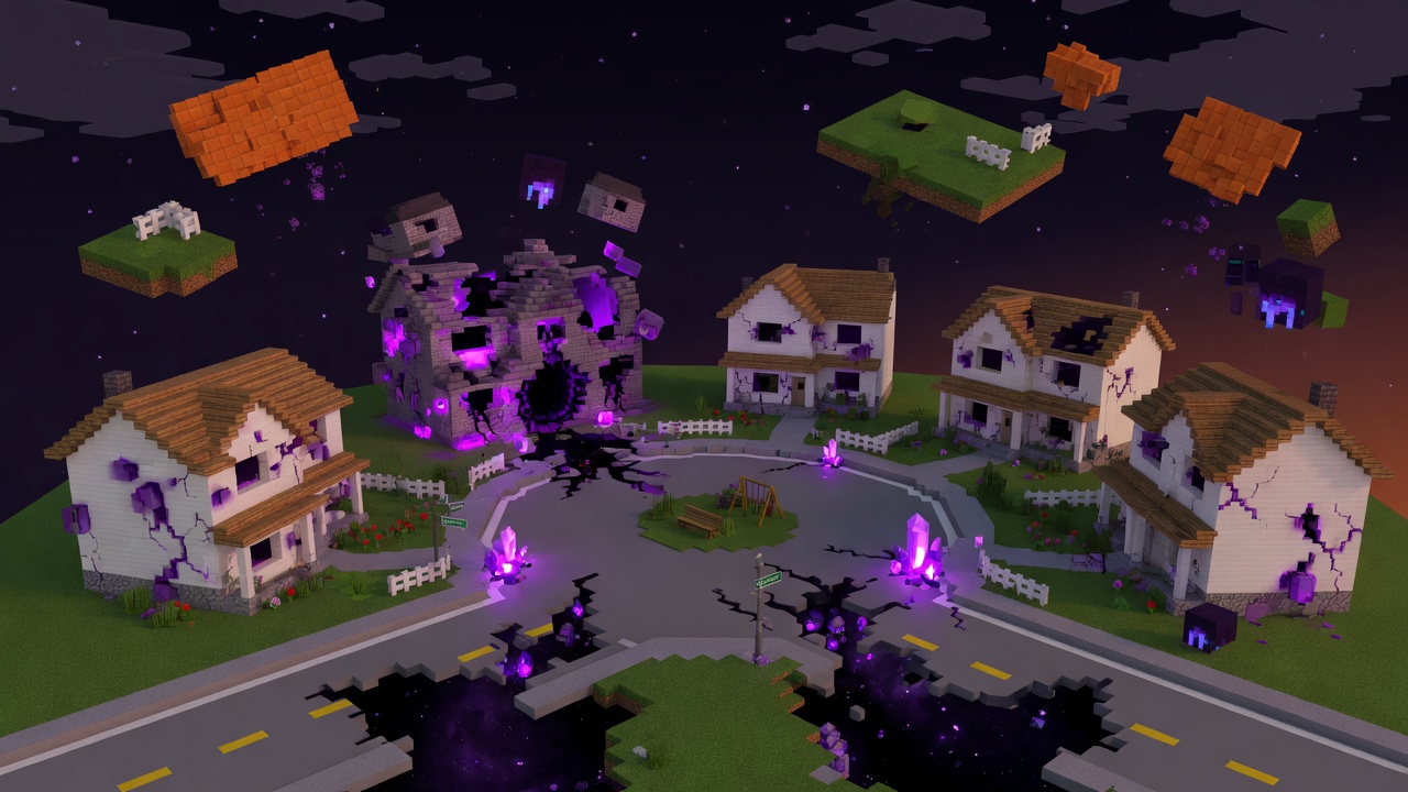 A Minecraft suburban cul-de-sac tearing into the void with purple anomaly corruption